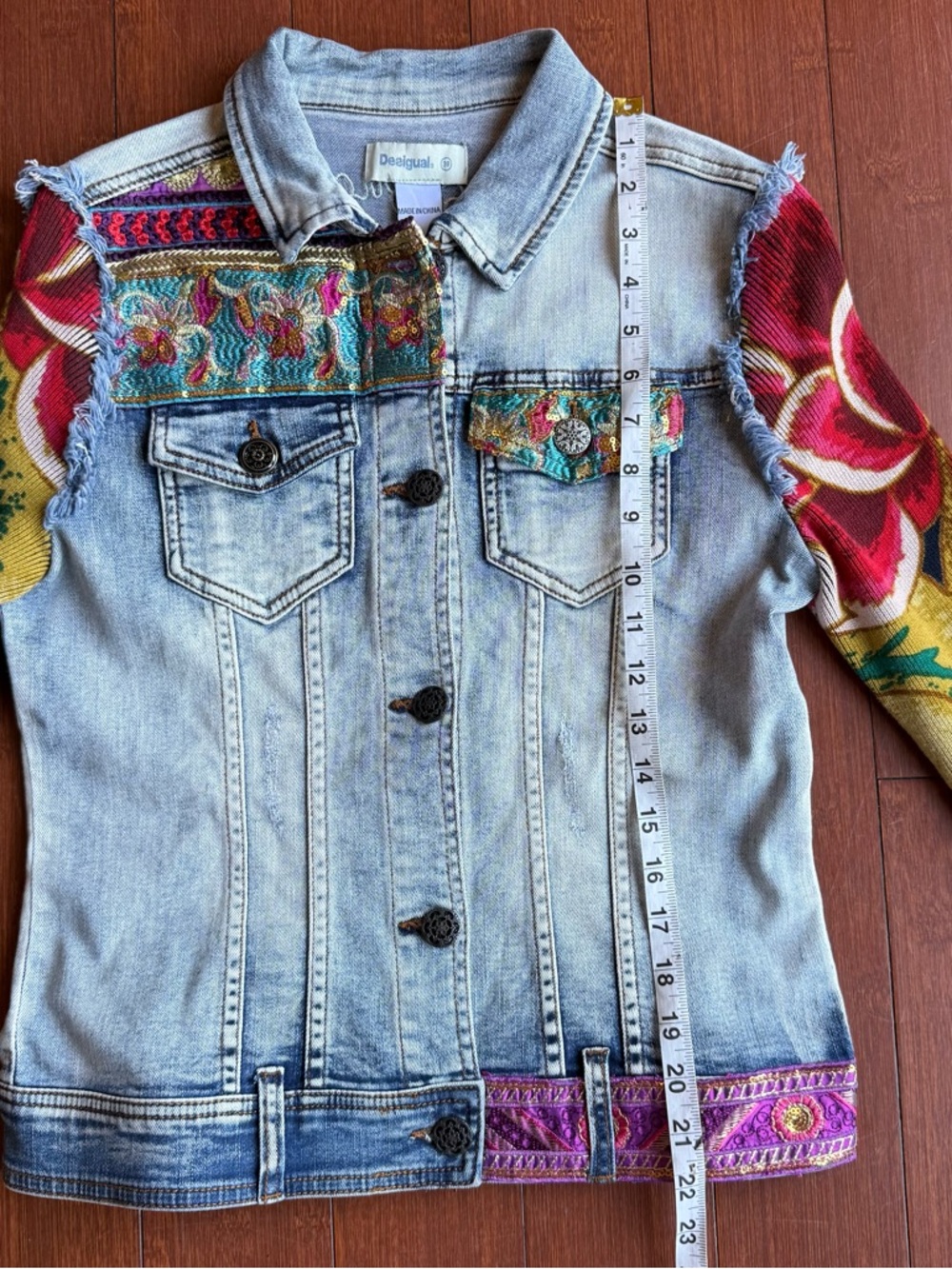 Desigual Light Wash‎ Denim Jacket with Multicolor Floral Knit Sleeves - Picture 8 of 8